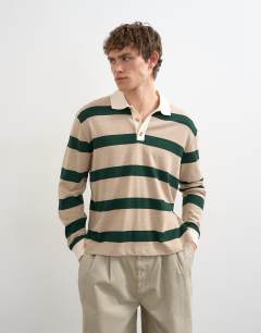 Relaxed cropped wool mix long sleeve rugby polo in stone and green