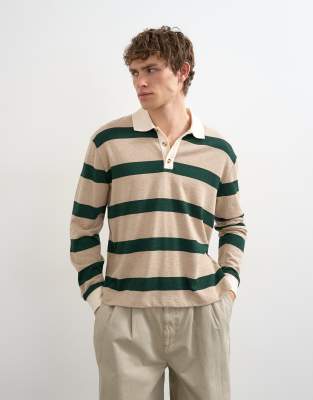 Topman Relaxed Cropped Wool Mix Long Sleeve Rugby Polo Shirt In Green