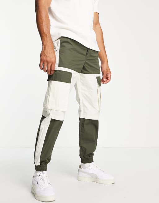 Topman relaxed cut and sew panelled cargo pants in khaki ASOS