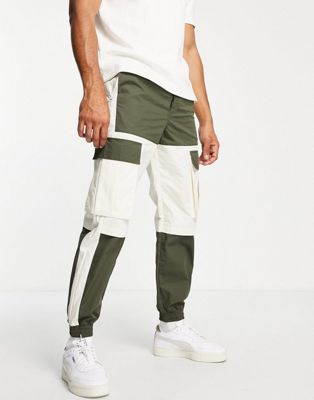 Topman relaxed cut and sew panelled cargo trousers in khaki