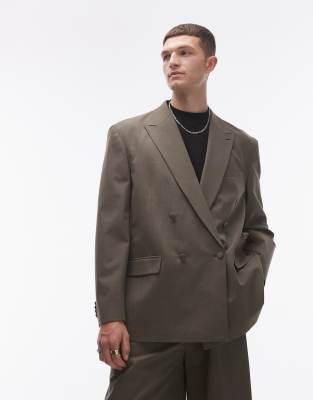 Topman relaxed deconstructed double breasted suit jacket in khaki-Green