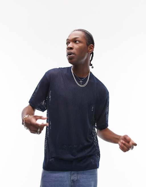 Topman relaxed diamond mesh t-shirt in blue