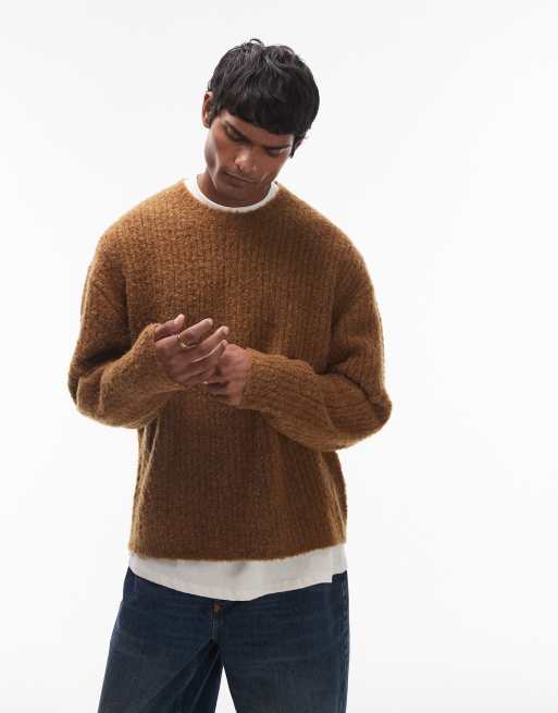 Topman relaxed distressed jumper in brown