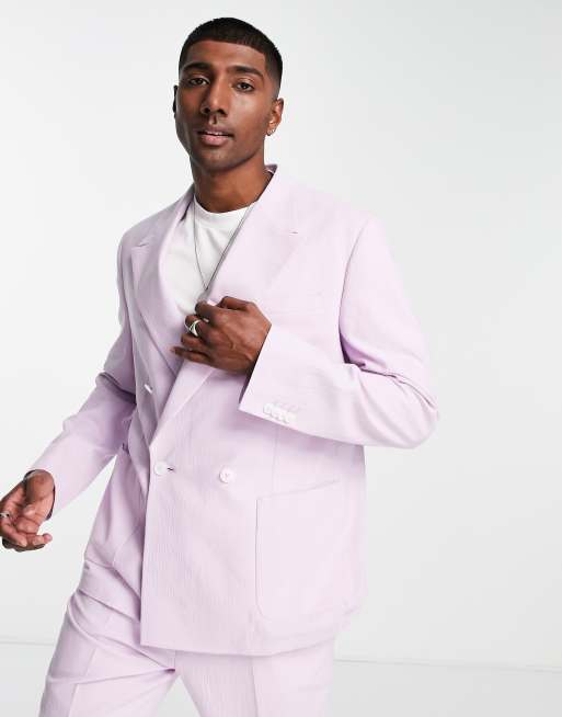 Topman relaxed double breasted suit jacket in lilac crepe ASOS