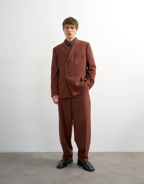 Topman relaxed double breasted wool touch suit in rust - view 1