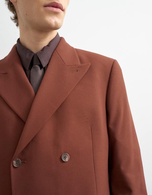 Topman relaxed double breasted wool touch suit jacket in rust, 5 of 5