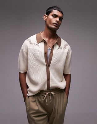 Topman relaxed embroidered knitted shirt in stone