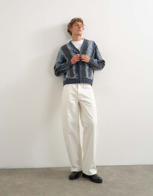 Topman relaxed fit abstract stripe knitted cardigan in dark grey, 3 of 5