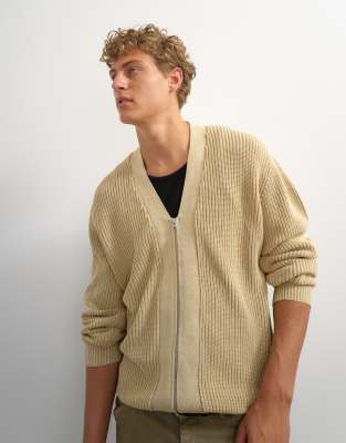 Topman Relaxed Fit Acid Wash Knit Zip Up Cardigan In Yellow