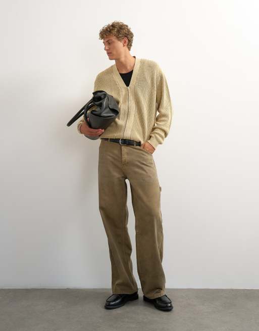 Topman relaxed fit acid wash knit zip up cardigan in beige, 2 of 5