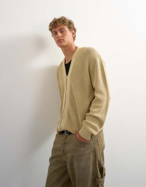 Topman relaxed fit acid wash knitted zip through cardigan in beige, 3 of 5