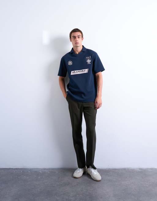 Topman relaxed fit athletic polo shirt with Marseille back embroidery in navy, 2 of 5