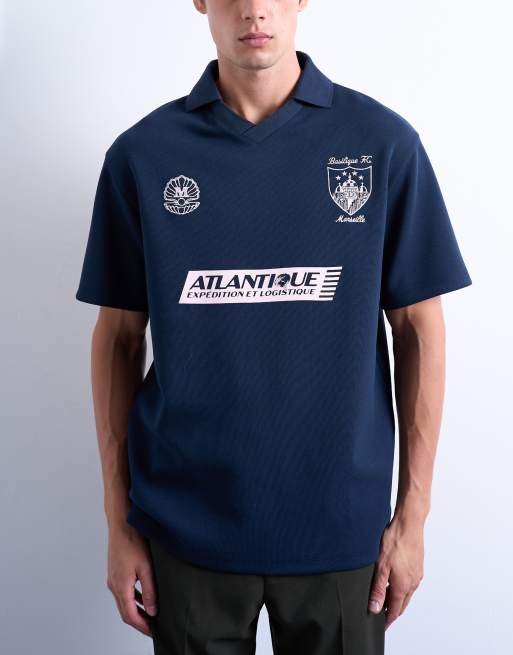 Topman relaxed fit athletic polo shirt with Marseille back embroidery in navy, 5 of 5