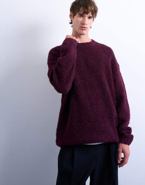 Topman relaxed fit boucle jumper in burgundy - view 1