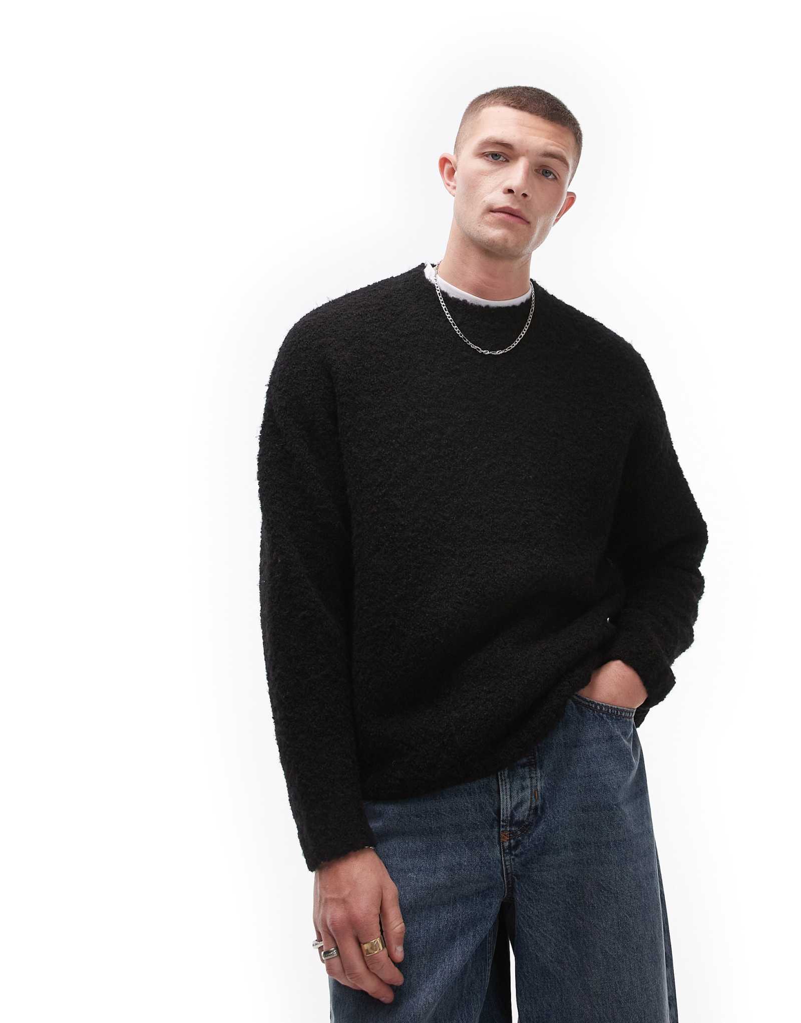 Черный свитер из букле свободного кроя Topman