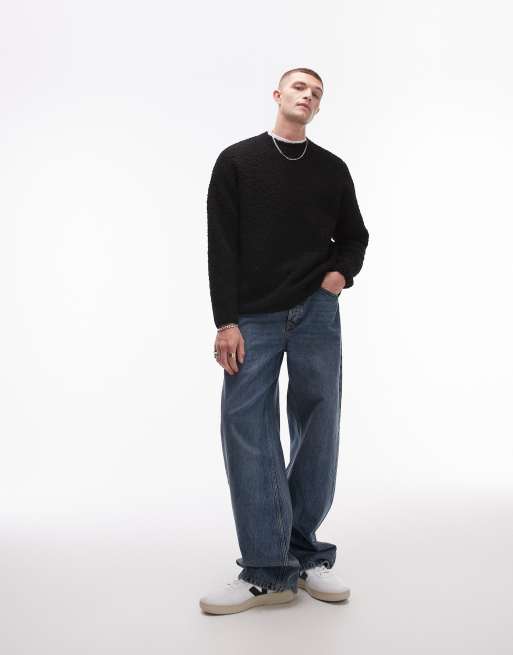 Topman relaxed fit boucle sweater in black | ASOS