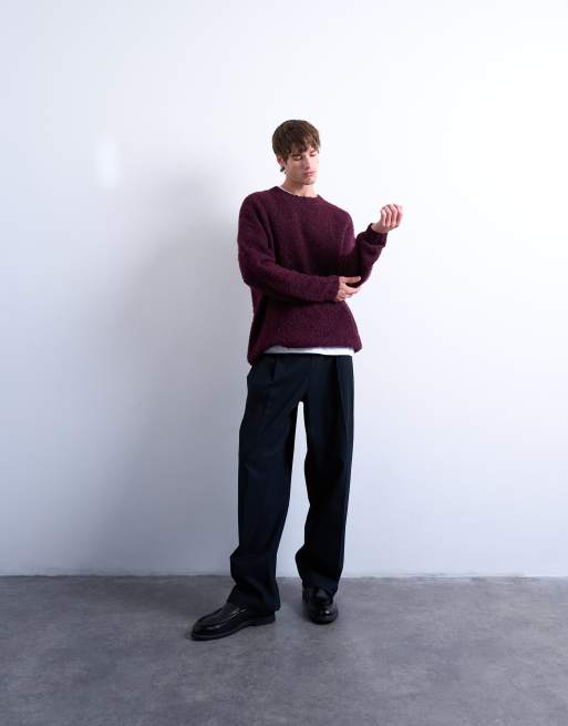 Topman relaxed fit boucle sweater in burgundy, 2 of 5