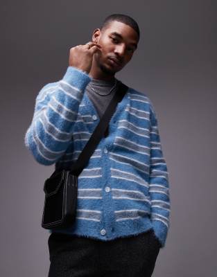 Topman Relaxed Fit Brushed Cardigan In Blue And White Stripe