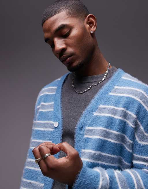 Topman relaxed fit brushed cardigan in blue and white stripe, 2 of 4