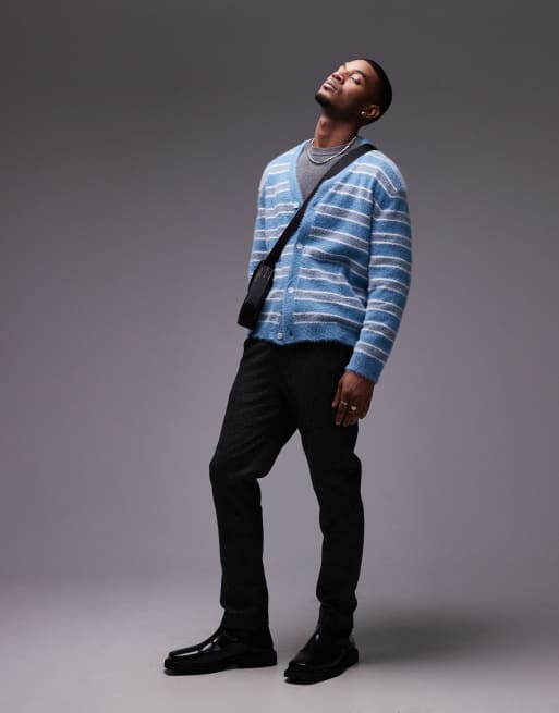 Topman relaxed fit brushed cardigan in blue and white stripe, 3 of 4