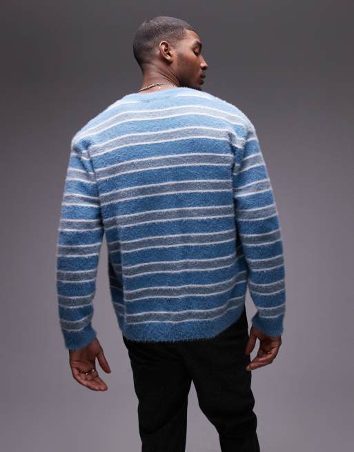 Topman relaxed fit brushed cardigan in blue and white stripe, 4 of 4
