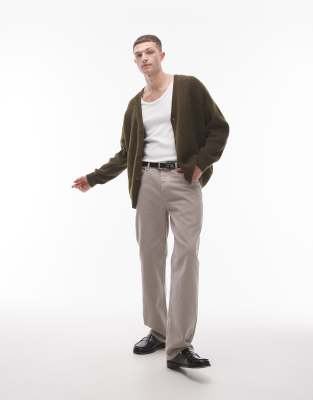 Topman Relaxed Fit Brushed Cardigan In Khaki-green