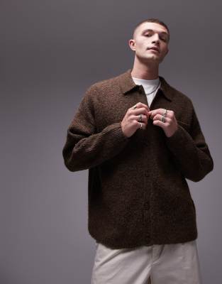 relaxed fit brushed collared cardigan in brown heather