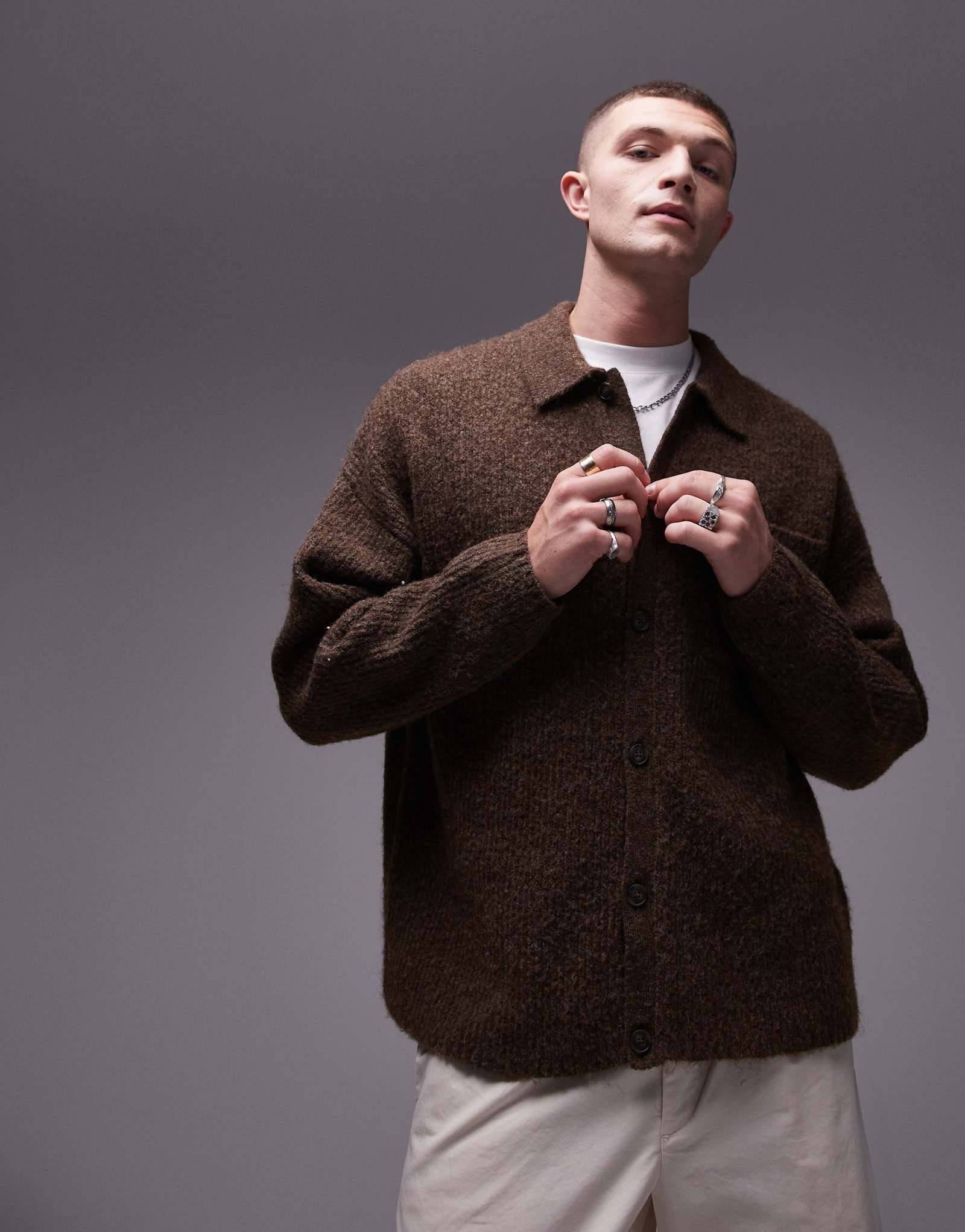 Кардиган свободного кроя Topman с воротником-стойкой из коричневого вереска