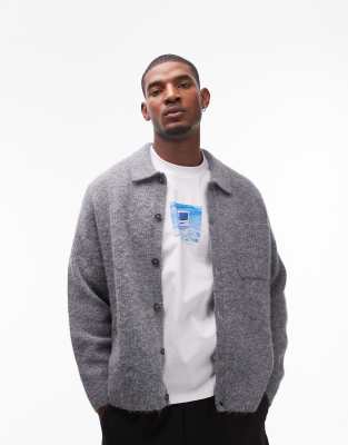 Topman Relaxed Fit Brushed Collared Cardigan In Gray Heather