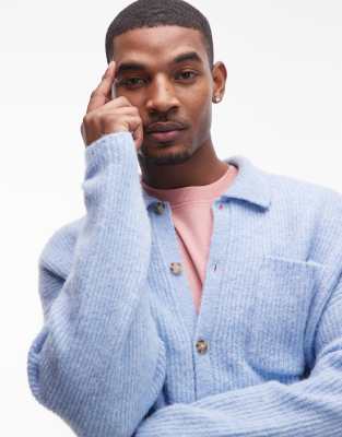 relaxed fit brushed collared cardigan in light blue