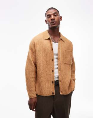 relaxed fit brushed collared cardigan in mustard-Yellow