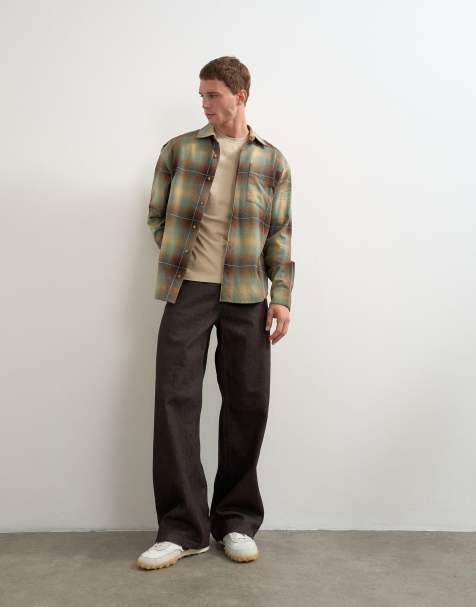 Topman relaxed fit brushed cotton check overshirt in brown and yellow - view 1