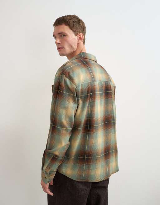 Topman relaxed fit brushed cotton check overshirt in brown and yellow, 4 of 5