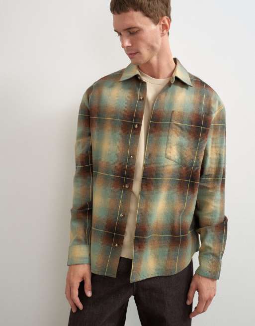 Topman relaxed fit brushed cotton check overshirt in brown and yellow, 5 of 5