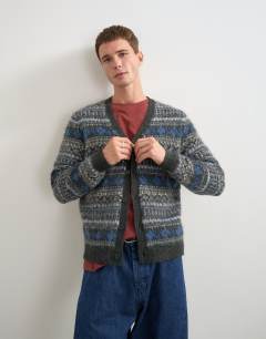 Model wearing Relaxed fit brushed striped knitted cardigan in grey