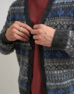 Model wearing Relaxed fit brushed striped knitted cardigan in grey
