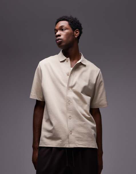 Topman relaxed fit button down jersey shirt in ecru - view 1