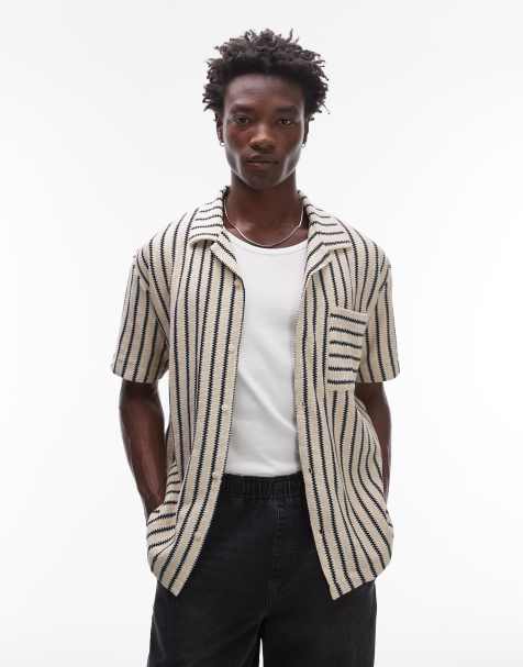 Topman relaxed fit button down jersey shirt with knit stripes in stone - view 1