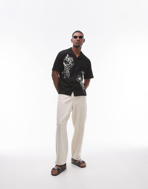 Topman relaxed fit button-through jersey shirt with embroidery in black, 4 of 4