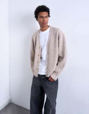 Topman Relaxed Fit Cable Knit Cardigan In Neutral