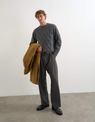 Topman Relaxed Fit Cable Knit Sweater In Gray