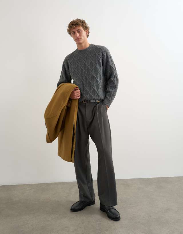 Topman relaxed fit cable knit sweater in charcoal | ASOS
