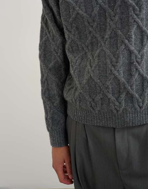 Topman relaxed fit cable knit sweater in charcoal, 4 of 5