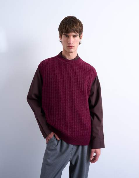 Topman relaxed fit cable knit tank top in burgundy - view 1