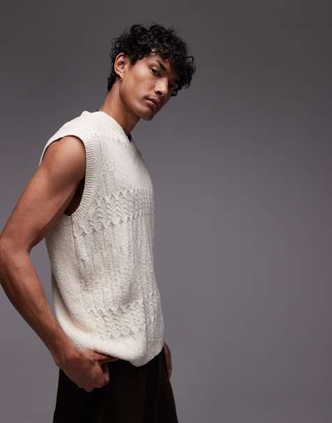 Topman relaxed fit cable knit tank top in stone - view 1
