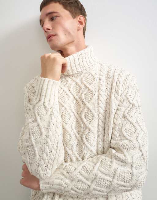 Topman relaxed fit cable-knit turtleneck sweater in ecru, 3 of 5