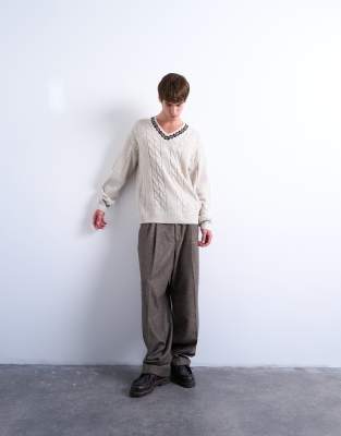 Topman Relaxed Fit Cable Knit V-neck Sweater With Fairisle Trim In Gray