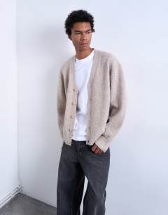 Relaxed fit cable knitted cardigan in stone