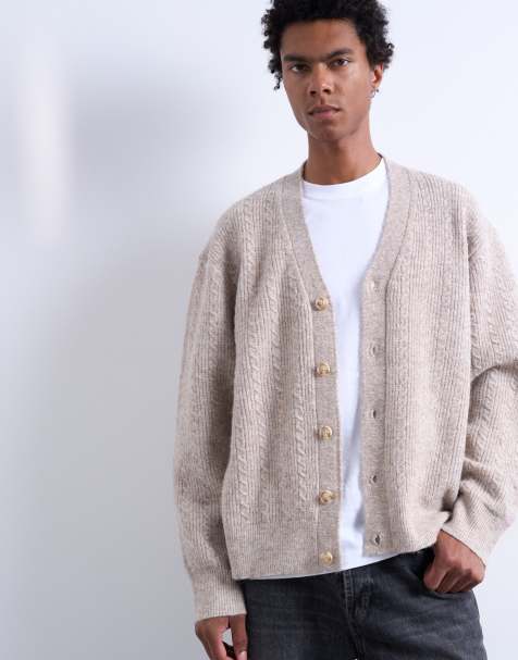 Topman relaxed fit cable knitted cardigan in stone - view 1
