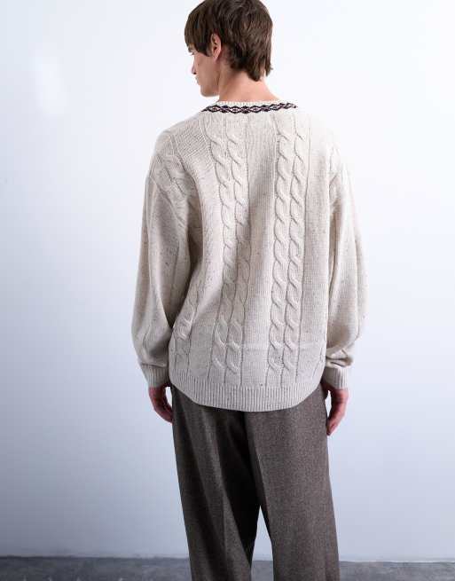 Topman relaxed fit cable knitted v-neck jumper with Fair Isle trim in ecru, 3 of 5